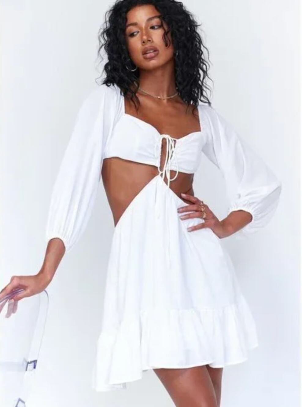 PRINCESS POLLY | Natasha White Ruffle Hem Balloon Sleeve Open Back Dress  Size 4